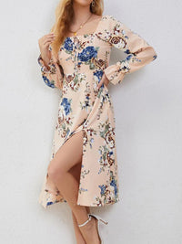 Slit Printed Square Neck Flounce Sleeve Dress Trandify deal