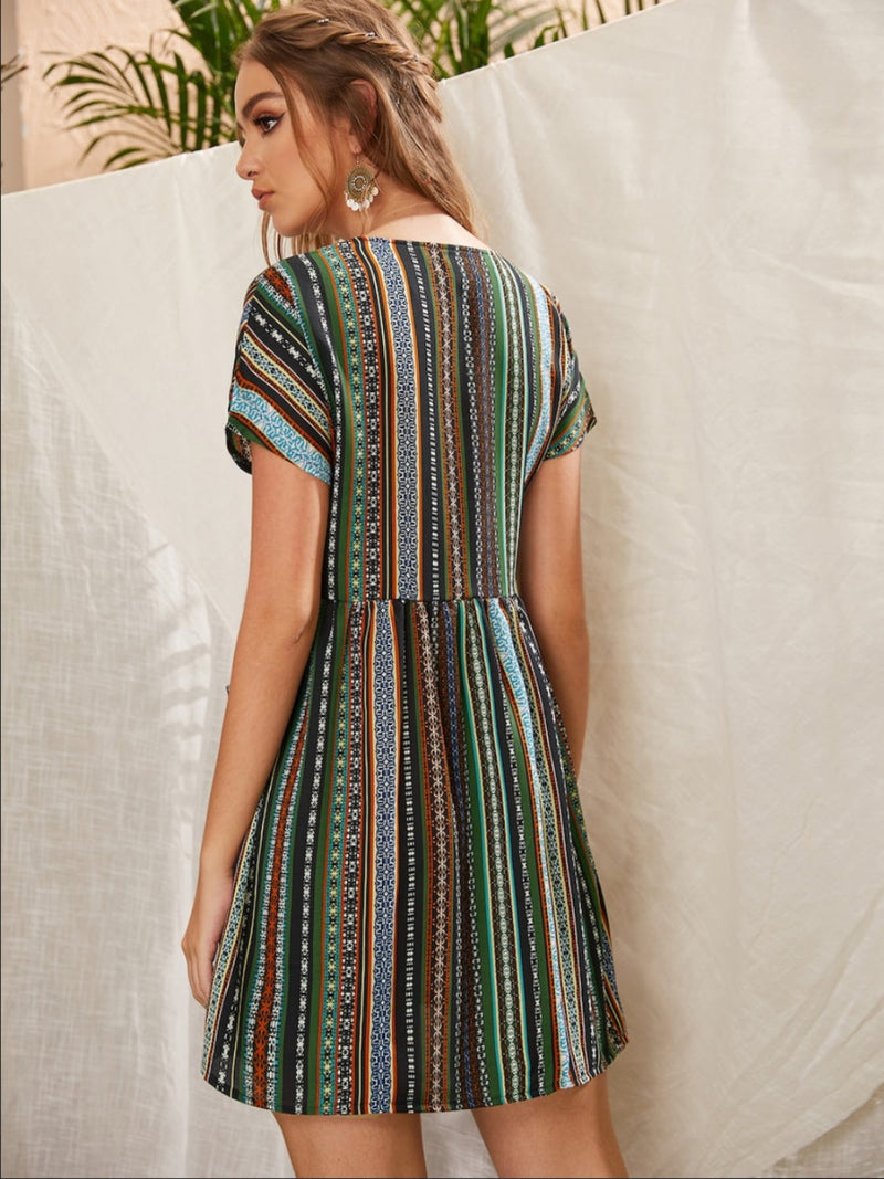 Pocketed Striped Short Sleeve Dress Trandify deal