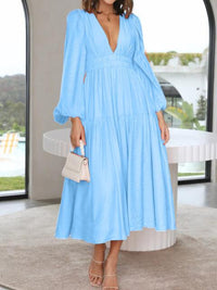 Deep V-Neck Balloon Sleeve Plain Maxi Dress Trandify deal