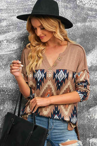 Brown Western Print Buttoned V Neck Top Trandify deal