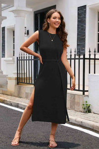 Round Neck Tie Belt Slit Sleeveless Sweater Dress Trandify deal