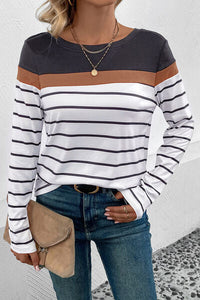 Perfee Striped Round Neck Long Sleeve T-Shirt Trandify deal