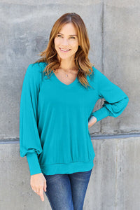 Basic Bae Full Size V-Neck Lantern Sleeve Blouse Trandify deal