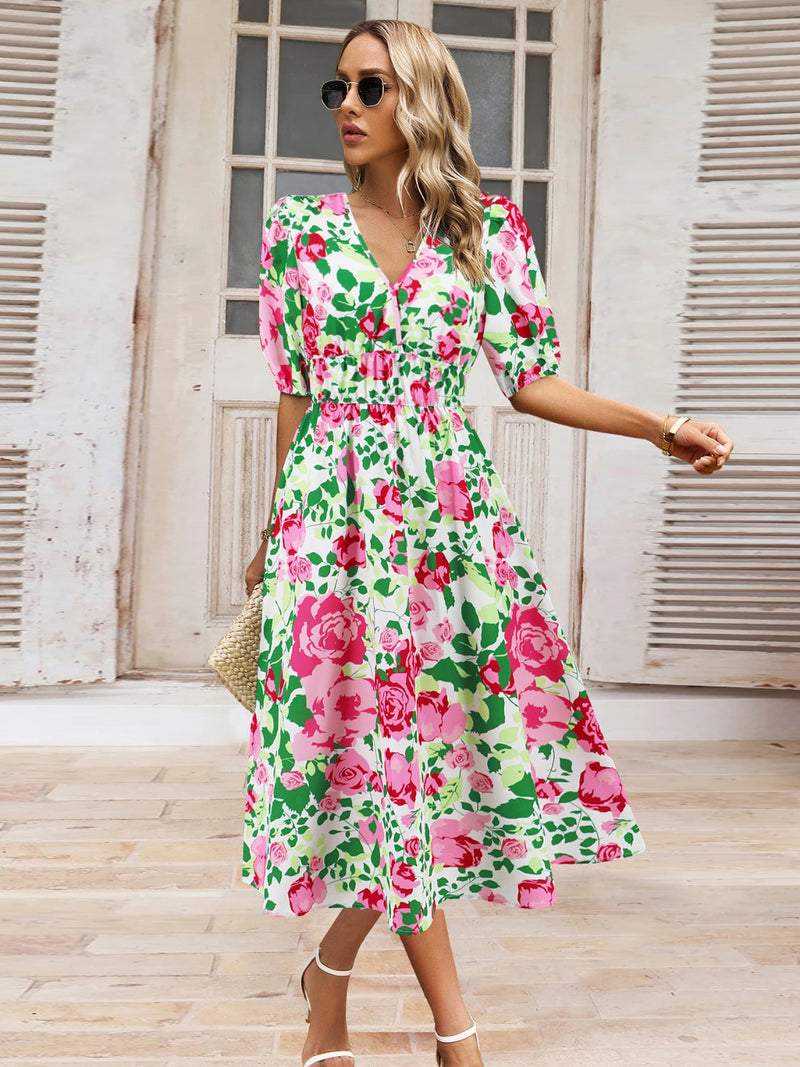 Ruched Printed Surplice Short Sleeve Dress Trandify deal