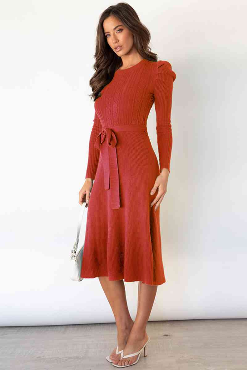 Round Neck Long Sleeve Tie Waist Sweater Dress Trandify deal
