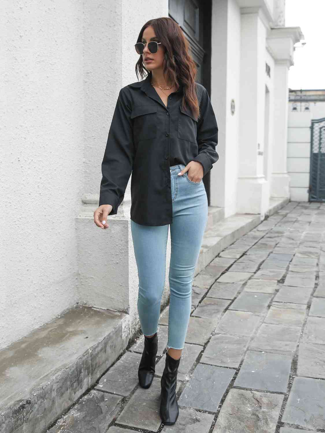 Collared Neck Buttoned Shirt with Pockets Trandify deal