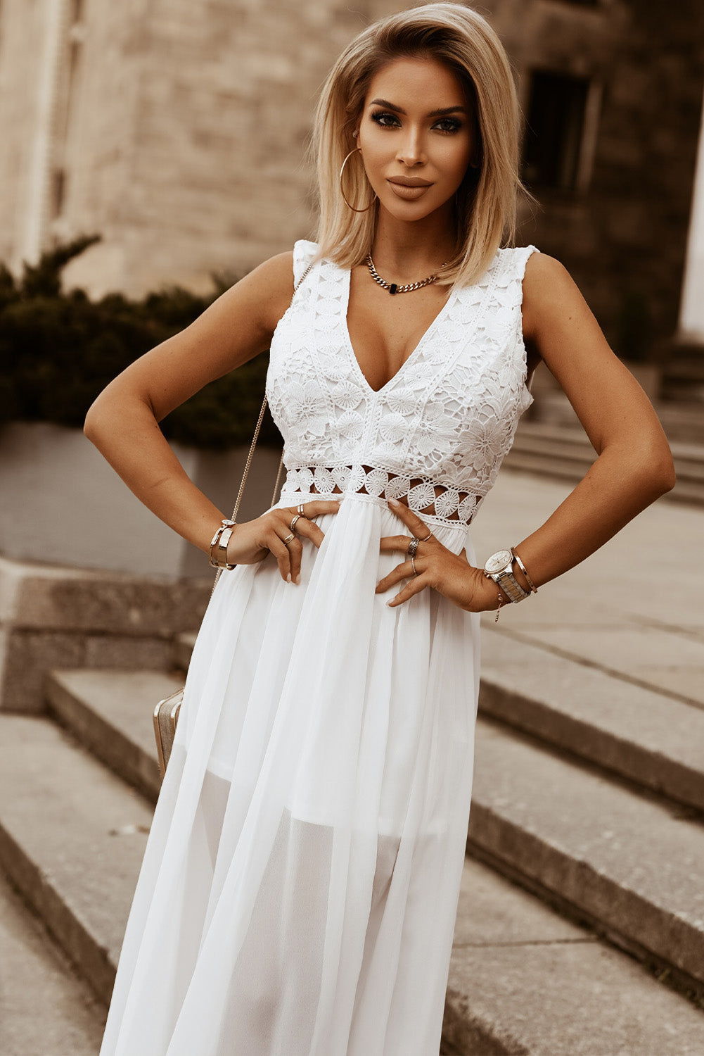 Slit Lace Detail V-Neck Dress Trandify deal