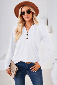 Notched Button Detail Long Sleeve T-Shirt Trandify deal