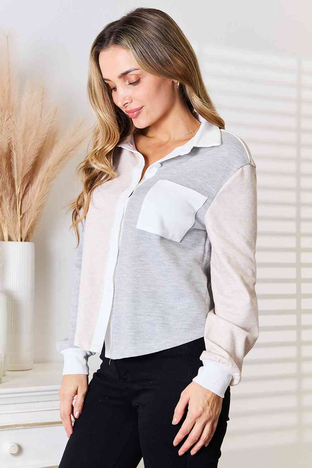 Double Take Color Block Curved Hem Shirt Trandify deal