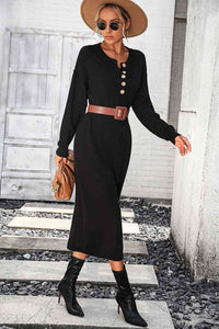 Notched Neck Dropped Shoulder Button-Down Midi Dress Trandify deal