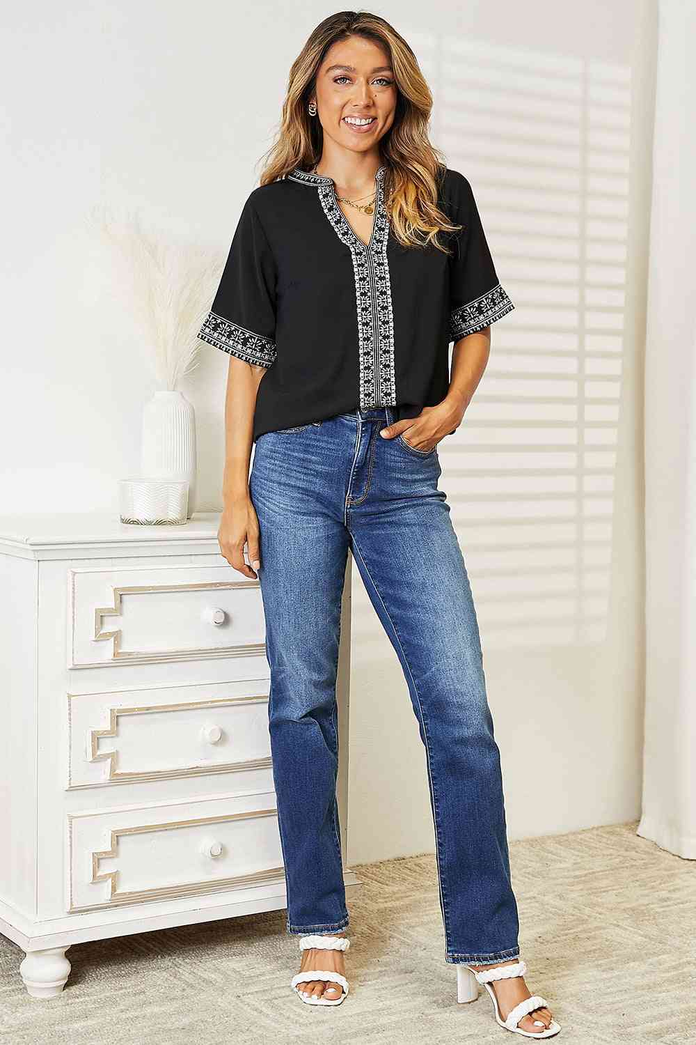 Double Take Embroidered Notched Neck Top Trandify deal