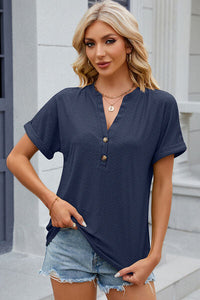 Eyelet Notched Short Sleeve T-Shirt Trandify deal