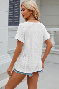 Eyelet V-Neck Short Sleeve T-Shirt Trandify deal
