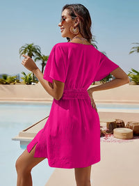 Smocked V-Neck Short Sleeve Dress Trandify deal