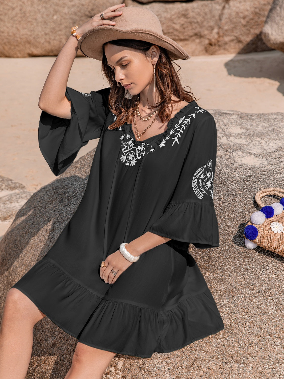 Printed Tie Neck Flounce Sleeve Mini Dress Trandify deal