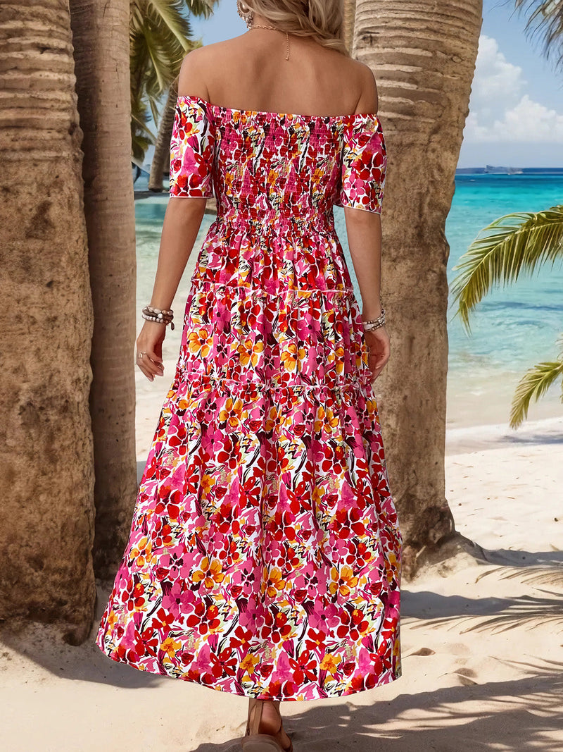 Perfee Slit Floral Off-Shoulder Short Sleeve Dress Trandify deal