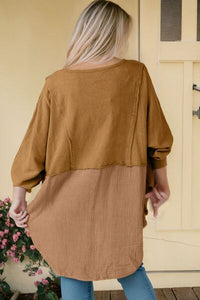 Contrast Texture Round Neck Long Sleeve Blouse Trandify deal
