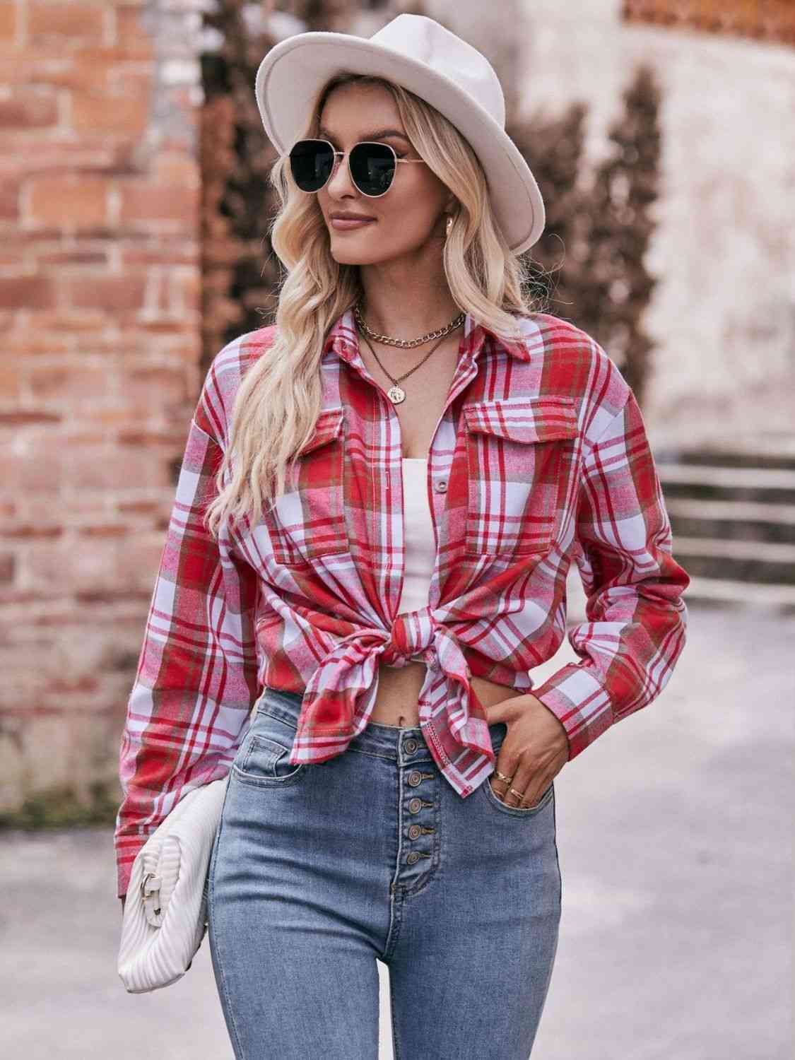 Plaid Dropped Shoulder Longline Shirt Trandify deal