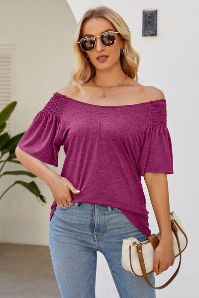 Smocked Round Neck Flutter Sleeve T-Shirt Trandify deal