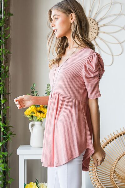 Heimish Full Size Waffle Knit V-Neck Babydoll Top Trandify deal