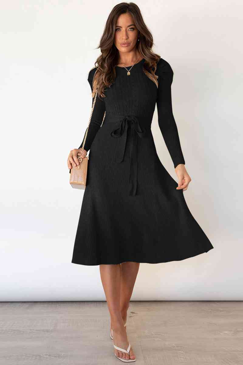 Round Neck Long Sleeve Tie Waist Sweater Dress Trandify deal