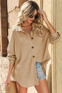 Waffle-Knit Collared Neck Dropped Shoulder Shirt Trandify deal