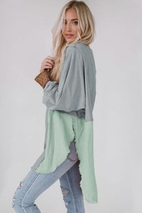 Contrast Texture Round Neck Long Sleeve Blouse Trandify deal