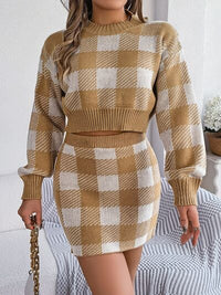 Plaid Round Neck Top and Skirt Sweater Set Trandify deal