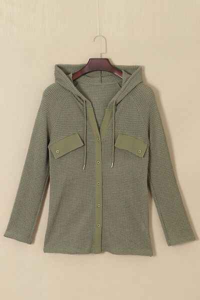 Waffle-Knit Button Up Drawstring Hoodie Trandify deal
