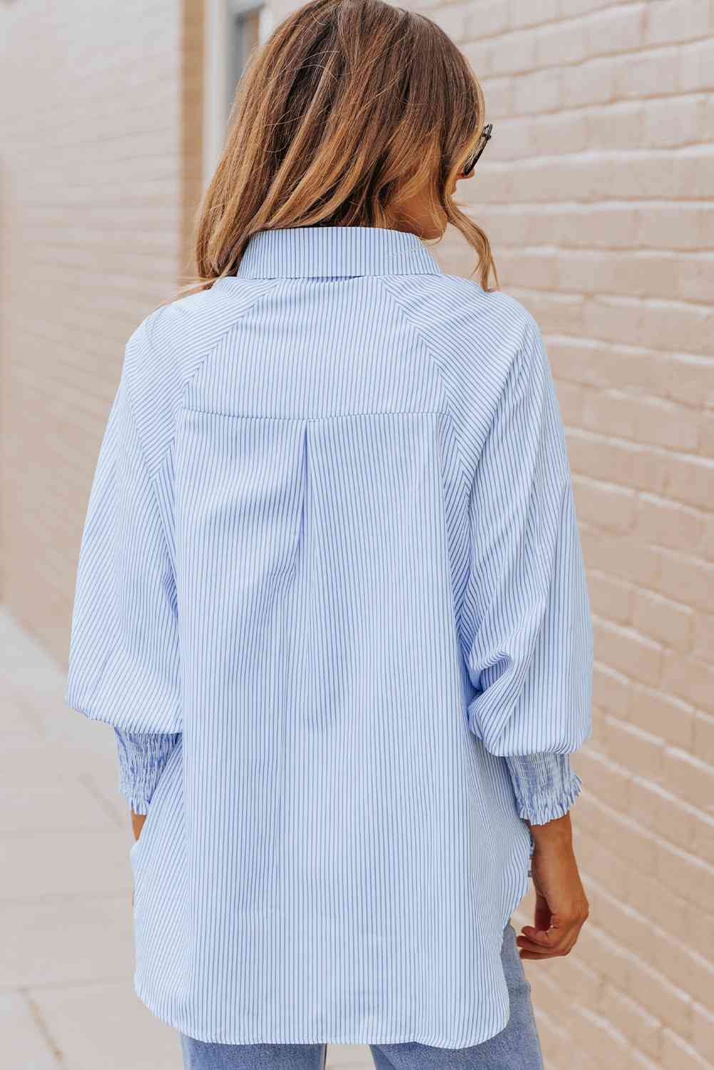 Striped Lantern Sleeve Collared Shirt Trandify deal