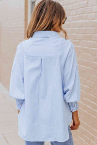 Striped Lantern Sleeve Collared Shirt Trandify deal