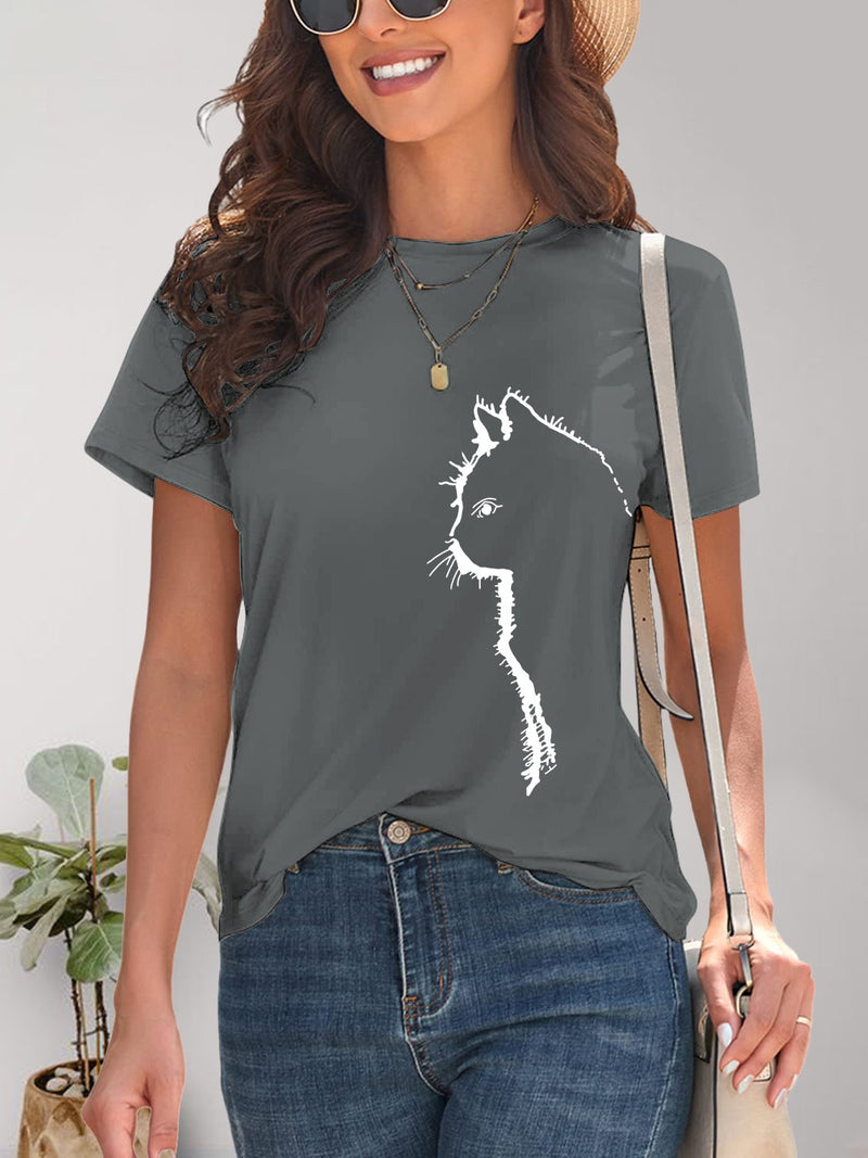 Cat Round Neck Short Sleeve T-Shirt Trandify deal