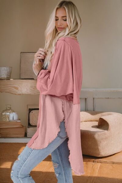 Contrast Texture Round Neck Long Sleeve Blouse Trandify deal