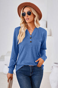 Notched Button Detail Long Sleeve T-Shirt Trandify deal