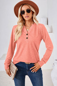 Notched Button Detail Long Sleeve T-Shirt Trandify deal