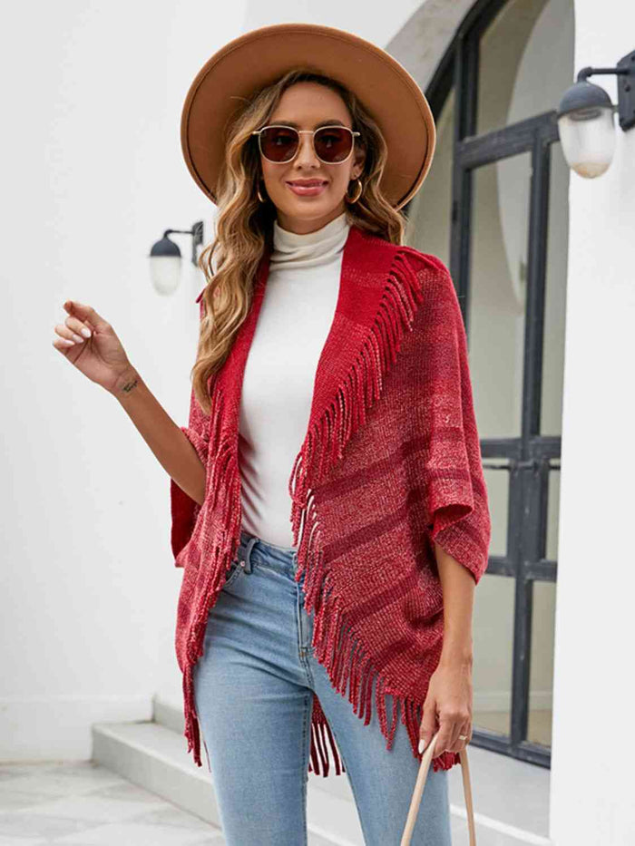 Fringe Detail Open Front Poncho in [Wine] – Boho Chic Style by TrandifyDeal