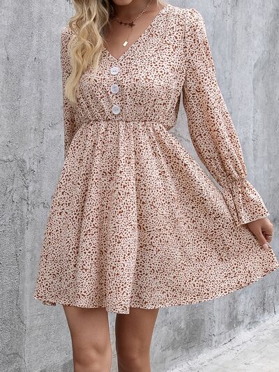 Ivy Lane Decorative Button V-Neck Flounce Sleeve Dress Trandify deal