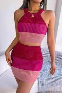 Color Block Sleeveless Crop Knit Top and Skirt Set Trandify deal