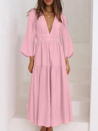 Deep V-Neck Balloon Sleeve Plain Maxi Dress Trandify deal