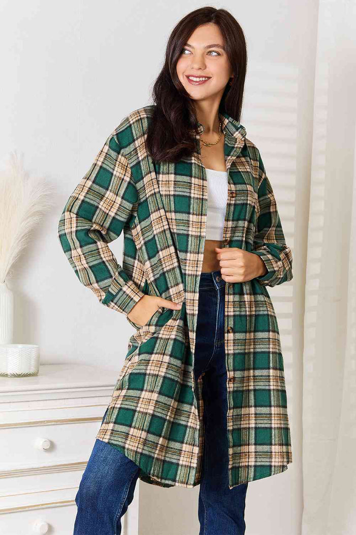 Double Take Plaid Collared Neck Long Sleeve Shirt Trandify deal