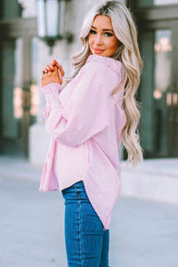 Striped Lantern Sleeve Collared Shirt Trandify deal