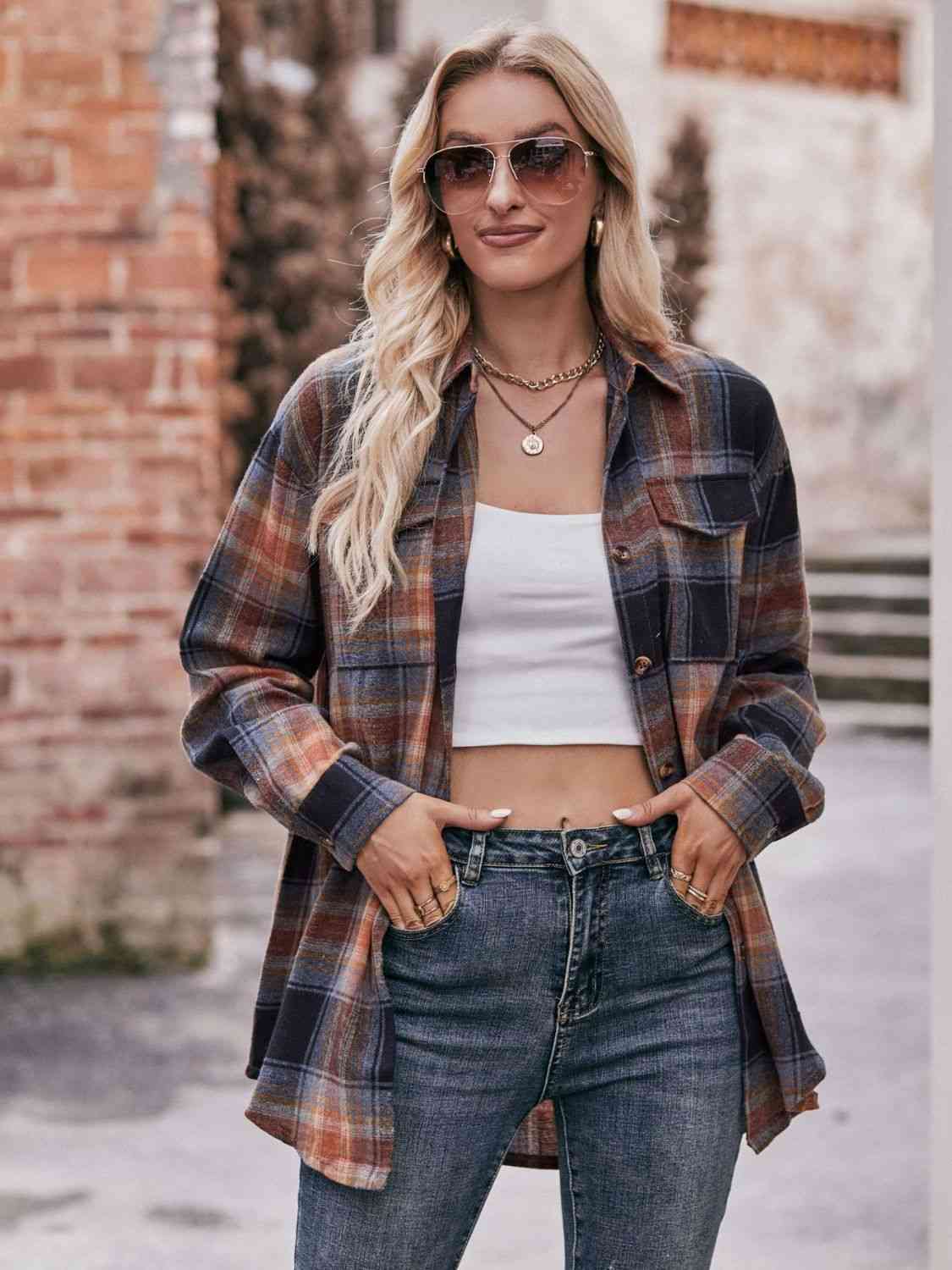 Plaid Dropped Shoulder Longline Shirt Trandify deal