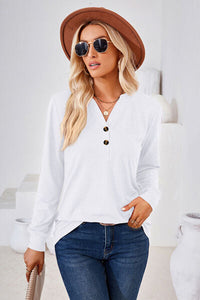 Notched Button Detail Long Sleeve T-Shirt Trandify deal