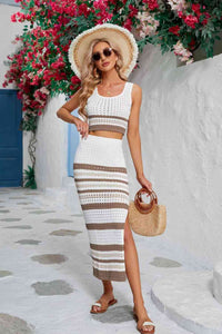 Striped Openwork Cropped Tank and Split Skirt Set Trandify deal
