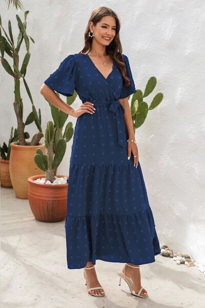 Swiss Dot Tied Surplice Short Sleeve Dress Trandify deal