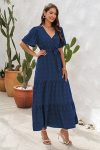 Swiss Dot Tied Surplice Short Sleeve Dress Trandify deal