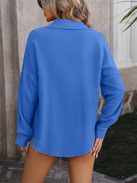 Textured Pocketed Button Up Dropped Shoulder Shirt Trandify deal