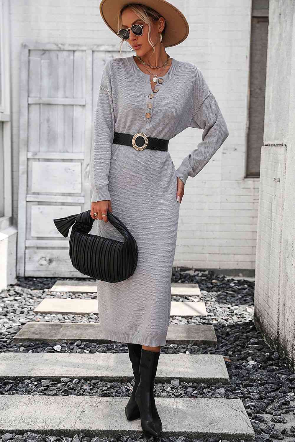 Notched Neck Dropped Shoulder Button-Down Midi Dress Trandify deal