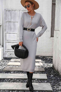 Notched Neck Dropped Shoulder Button-Down Midi Dress Trandify deal