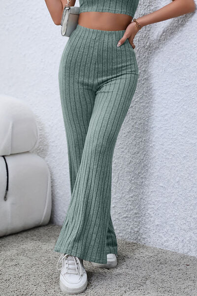 Basic Bae Full Size Ribbed High Waist Flare Pants Trandify deal